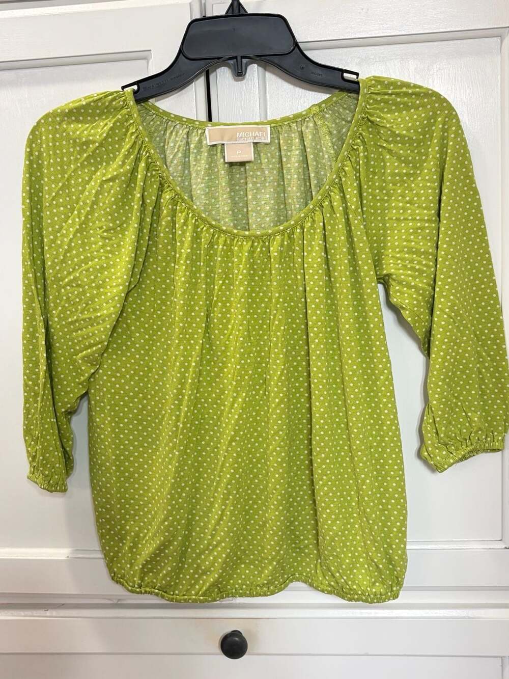 Michael Kors Petite Green Polka Dot Peasant Blouse Size P 3/4 Sleeve Rayon Top